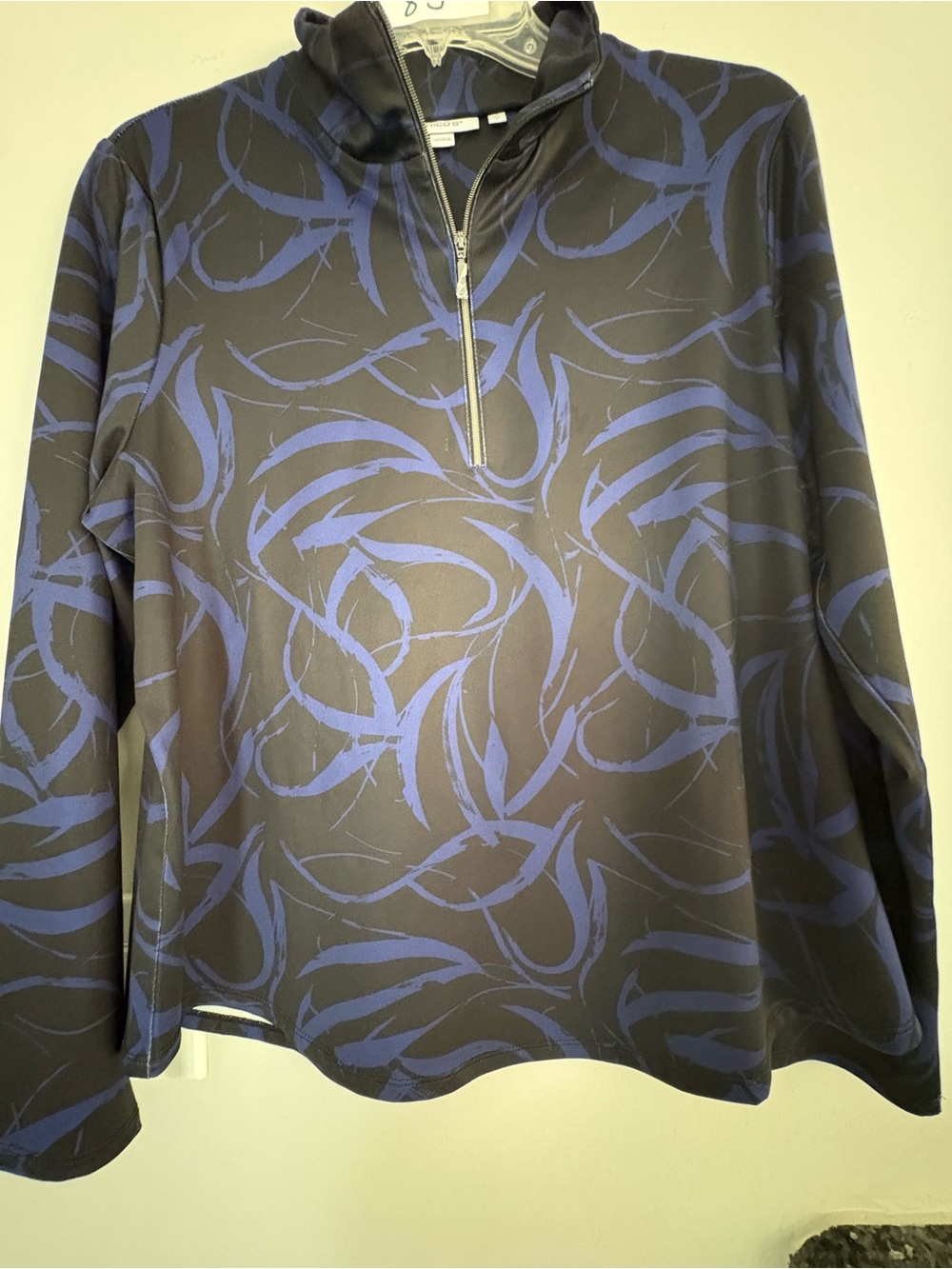 Chicos Black and Blue Abstract Print Quarter-Zip Pullover
